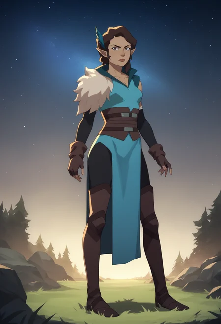 score_9, score_8_up, score_7_up, BREAK,
1girl, vexahlia, brown hair, brown eyes, dark skin, pointy ears,
blue dress, fur shoulder pad, fingerless gloves, black leggings, boots, 
full body, looking at viewer, standing, contrapposto, night, starry sky, grass, moutains background  <lora:VexahliaPDXL_byKonan:1>