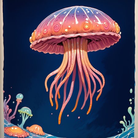 Score_9, score_8_up, score_7_up, score_6_up, BREAK  <lora:Pastel_ReveriePony:1> ArsMJStyle, Pastel Reverie, The image shows a painting of a jellyfish swimming in the ocean surrounded by a vibrant array of colors. The jellyfish is depicted in a realistic style with its tentacles and body clearly visible. The colors used in the painting are bright and vivid creating a beautiful and captivating scene., no humans, traditional media, tentacles, jellyfish, blue background, painting (medium), border, solo