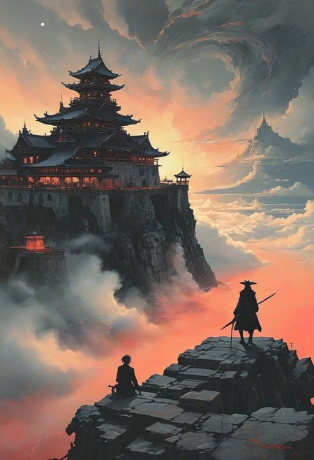 score_9, panorama landscape, architecture, ships, wharf, sea, sunset, dracula japan village, Japan, enchanted fortress and fortified castle, above the clouds, mystical atmosphere, detailed stone and wood walls, europinian man, 50 years old, devil, blood, bloody mist swirls around, weibo, drawing, formal, black hair, devil horns, double halo, hunter eyes, holding finger to lips, shush, intimidating retro 90's, red, black, science fiction, a dark sky lit by the glow of distant moons and neon lights. rockpunk, yoji shinkawa, James Jean, Ayami Kojima, village<lora:EnvyPanoramaXL01:2.0>