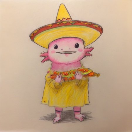 (extremely poorly drawn simple crayon drawing:1.7) 2d, <lora:axomodel2:1>    axomodel2, Axolotl wearing a sombrero in a taco stand enjoying enchiladas with anticipation ,  terrible artwork, child's drawing, worst quality,