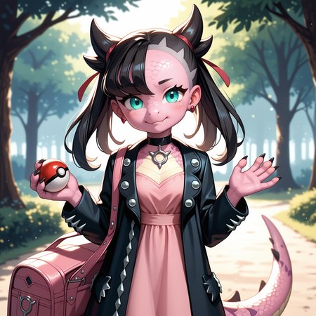 score_9, score_8_up, score_7_up, score_6_up, score_5_up, outside, forest, sunlight through trees, holding pokeball), smug, shy,
((Dragonling, scalie)), solo, Marnie_(Pokemon), cute face, (snout), (( dragon)), anthro,  (pink skin, pink tail), aqua eyes, asymmetrical bangs, asymmetrical hair, black hair, hair ribbon, long hair, red ribbon, ribbon, twintails, petite, backpack, bag, black choker, black jacket, choker, dress, earrings, jacket, jewelry, long sleeves, open clothes, pink bag, pink dress, dark pink scales, detailed scales, thick tail, standing, medium natural breasts, horns, scalie arms, dragon hands, vertical pupils, dragon eyes, big eyes, detailed hands, ((five) fingers), posing