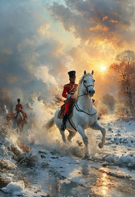 cinematic explosion napoleonic soldiers blowing away ,battlefield, a rearing white horse loses his jockey, vibring color, explosion, ice and snow . Forest.  At sunset, vibring color,  monet,  oil painting, style of Andreas Achenbach