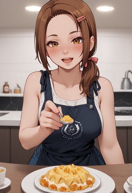 score_4,score_5,score_6,score_7_up,score_8_up,score_9 ((masterpiece,best quality,ultra detailed,highres,HD,4k:1.2)), 
1 femboy, solo,solo focus,femoby focus,face focus,
large breasts,brown hair,long hair,hair ornament,hair ribbon,hairclip,curvy,wide hips,freckles,
Apron, sleeveless, exposed arms, exposed shoulders,, frilly aprons, 
upper body,
pov,feeding,looking at viewer,feeding, food,incoming food,holding spoon, 
looking at viewer,blush,open mouth,