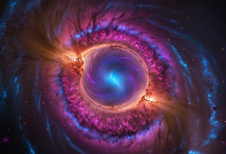 a dynamic and breathtaking image of the universe with vibrant colors and dramatic lighting. Show a swirling nebula in the foreground with bright, intense hues of blue, purple, and pink. In the background, depict a distant galaxy with spiraling arms and scattered stars. Include a supernova explosion, radiating brilliant light, and a mesmerizing black hole at the center, with cosmic debris swirling around it. Add a hint of distant planets and asteroids to create a sense of scale and depth. Make the entire scene feel alive and constantly in motion.
