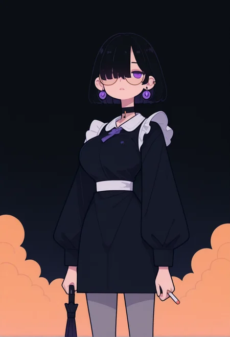 masterpiece, best quality, good quality, very aesthetic, absurdres, newest, 8K, from side  BREAK 
dark night scene,
side portrait of stunning girl standing, bangs, black hair, bobcut hair, 
purple eyes, choker, hair over one eye, 
(rimless big round glasses), large breasts, earrings, ear pierces, 
ultra detailed decorative victorian gossamer clothes, very short tight black maid dress, maid apron, multi colored hair, grey tights, 
simple pastel gradient turquoise  background with extremely thick white border,
holding translucent vinyl umbrella with the far hand, 
only illuminated by cigarette glow, 
BREAK 
half closed eyes, unfocused eyes, slightly parted lips, distant gaze, emotionless look, looking front,
cigarette, smoking, holding, holding cigarette with near hand,
ultra-realistic, Flatline, Flat vector illustration, haiz_ai, no lineart, no outline, storming ,
heavy-rain, modern fence in background, clouds, very smoky,
<lora:haiz_ai_illu:0.8> <lora:flatline:1.65> <lora:ponyv6_noobE11_2_adamW:0.25>  <lora:cigarette2XLP:0.75>  <lora:Rain (Illustrious) v1:1>
