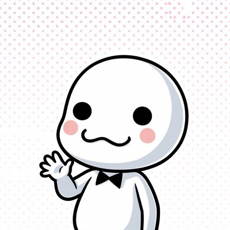 ch0rus_RH, 1boy, solo, no nose, white skin, solid circle eyes, black eyes, :3, smile, masterpiece, absurdres, amazing quality, ultra-detailed, best quality, miniperson, short, no humans, chibi, black bowtie, nude, upper body, blush stickers, hand up, waving, perfect hand, 5 fingers, slightly chubby, 
BREAK 
simple background, polka-dot background, rainbow colors, detailed shading,