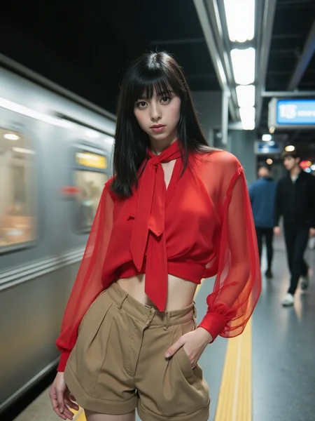 There are wonderful studio lights and various reflections,
18yo beautiful cute girl with blushing and female orgasm.skin naturally showing the texture of blood vessels and detailed pale skin,
--,
<lora:Nakajo_Ayami_f1:1>,she is Nakajo Ayami, A fashion editorial set in a subway station featuring an elegant Asian model. The model has sleek, straight black hair and is dressed in a high-fashion outfit, consisting of a sheer, flowing red blouse tied with an oversized bow, paired with tailored, high-waisted beige shorts. She stands confidently in the foreground as a train rushes by in a blur of motion, creating a dynamic backdrop. The setting is urban, with moody, cinematic lighting that enhances the modern, sophisticated vibe. The modelâs pose is bold and captivating, perfectly blending grace and strength as she gazes intensely towards the camera. The overall composition merges high fashion with an urban, fast-paced environment, creating a striking, visually engaging scene.,