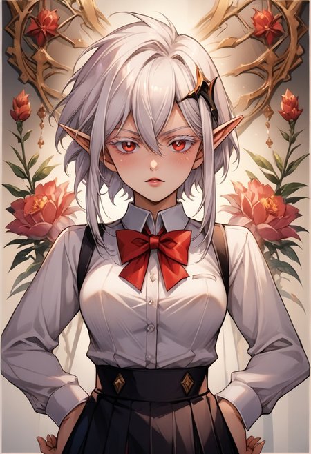 score_9, score_8_up, score_7_up, score_6_up, score_5_up, score_4_up, detailed, intricate details, source_anime, (1_girl, solo focus), zerida-dark, 1girl, solo, short hair, sidelocks, breasts, parted lips, bangs, large breasts, hair ornament, red eyes, , White Eyelashes, , hair between eyes, , White Hair, , pointy ears, elf, Eyelashes, Colored Eyelashes, White colored eyelashes, Colored Eyebrows, short hair with long locks shiny skin, school uniform, red bowtie, white shirt, black skirt, hands on hips, frown, blush, looking at viewer,<lora:add-detail-xl:1.0> ,(((feminine bodies))),(((perfect anatomy))), (((correct arms))), (((correct hands))), detailed eyes、detailed face and detailed skin <lora:add-detail-xl:1.0>