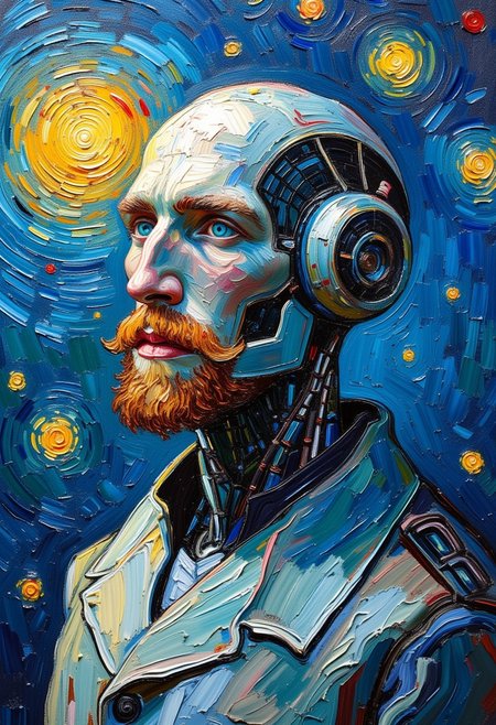 portrait of cyber robot in space flying,in style of Vincent van Gogh ,oil painting