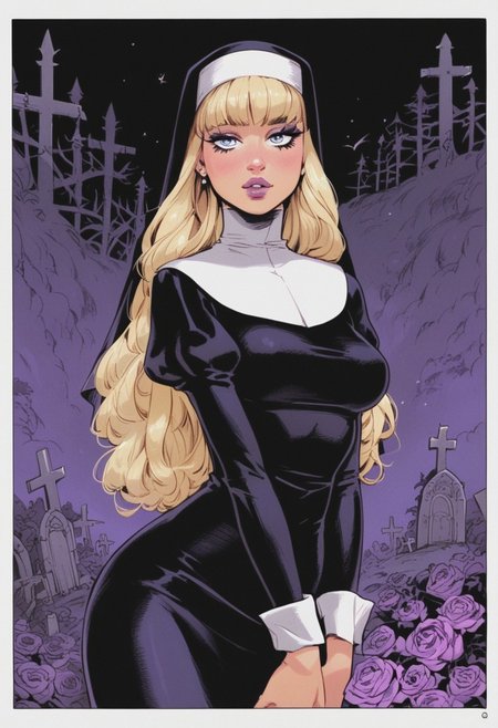score_9, score_8, score_7, score_6, rating_explicit,
Source_anime,
Color theory, ambient lighting 
 hentai manga, gothic graveyard, purple colours, 1women, nun, cute face, blonde hair, thick lips, open lips, deep cleavage, lace, posing for a photo, gothic landscape