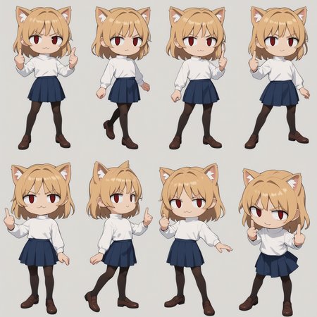 score_9, score_8_up, score_7_up BREAK vibingdance, animation sheet, dancing, simple background, white background,  necoarc, slit pupils, cat ears, blonde hair, red eyes, chibi, :3, middle finger,  turtleneck, white shirt, blue skirt, pleated skirt, pantyhose, brown footwear  <lora:necoarc-guy-PONYv1_1:1> <lora:VibingDance (frieren vibing) LoRA PDXL Anzhc:0.7>