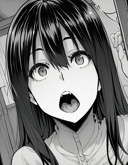 score_9, score_8_up, score_7_up, source_anime, sakiyoshida, <lora:saki-yoshida-manga-ponyxl-lora-nochekaiser:1>, saki yoshida, long hair, hair between eyes, monochrome, greyscale, black hair,, <lora:ghost-pose-ponyxl-lora-nochekaiser:1>, ghost pose, ghost, purple tongue, open mouth, looking up,, indoors,, cowboy shot, dutch angle, looking at viewer,