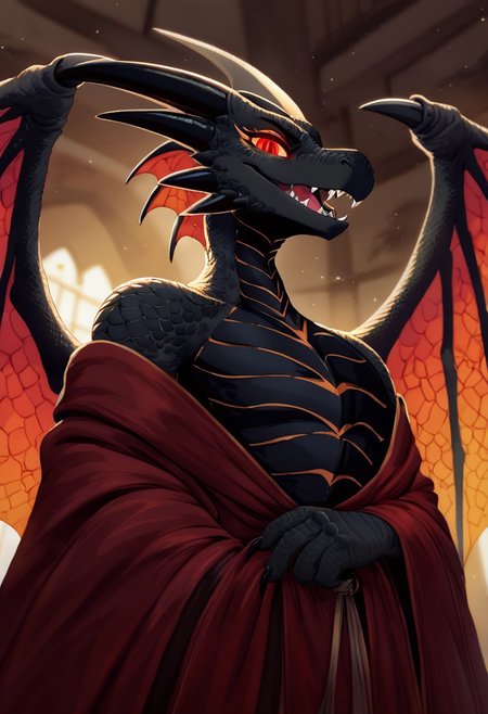 score_9, score_8_up, score_7_up, (4k Quality, high resolution, high detail, lots of details, detailed face) anthropomorphic dragon, wizard, in light gilded armor covering the body, red robe with a golden pattern, woman, black scales, smug face, open mouth, fangs, smirk, looks at the viewer, predatory fiery red eyes, luminous eyes, four black horns on the head, (medium chest, natural chest), -open black webbed wings behind the back (golden inside), dragon woman (hairless), in the hall of the castle, dark, view from below