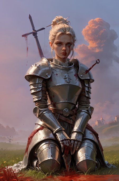 score_9_up, score_8_up, score_7_up, best quality, masterpiece, sharp, original, newest, 
1woman,  Kneeling with Hands Resting on Thighs, field, a sword next to the woman, fog, dusk, village, fire, front view,
BREAK
hills, (a windmill:1.2) 
BREAK
1 woman, scalemail armor, (blood on armor:1.5), platinum blonde, hair tied back, sad,
 <lora:incase---1:0.4> <lora:invincible_v2:0.7> invncbl, artbook illustration   <lora:Aleriav:1> Aleriav