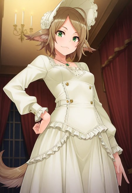 (1girl, solo) noa riads, animal ears, Green Eyes, tail, brown hair, short hair, Pretty eyes, , 1girl, solo,, brown hair,, fluffy tail, ahoge, animal ears, dog ears, small breasts, swept bangs , green eyes, animal ears, tail, , ,
Eye focus , shiny skin, shiny body, shiny hair, (best quality) , (highly detailed) ,((masterpiece)), ((best quality)), (ultra-detailed), ((extremely detailed)), (high resolution), 4K, (8K), best quality, (beautiful), (dynamic lighting), (super detailed skin), sharp focus,detailed eyes、detailed face and detailed skin detailed eyes、detailed face and detailed skin,  , clear skin, shiny hair, ultra detailed eyes, depth of field, sharp, intricate details, hyperdetailed, , 
, best quality, (beautiful), (dynamic lighting)  (standing, 3/4 view), perfect face, beautiful face, defined cheekbones, defined jawline, confident expression, narrow eyes, one hand on hip, perfect hands, 5 fingers, slender waist, Victorian dress with white frills, bonnet hat, , necklace,
  ,, shindol style