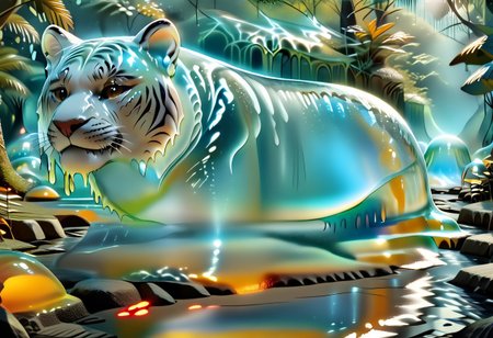 animal_guardian, tiger, a white tiger with black stripes, Tiger made out of slime, slime tiger in a jungle, jungle made out of slime, 
natural light, no bright spots, 
((translucent slime)), ((transparent slime)), made of water, (bioluminescent slime), sl1m3, slime, slime-morph, ais-blmn, saturated colors, no creatures, no humans, no monsters, no pokemon, scenery only, scenery, ral-lava, watce