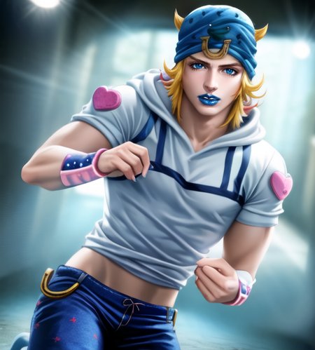 ((blue fingernails)), detailed face, blue eyes,  ((johnnyjojo)),  hat, 1boy, blonde hair, hires, HQ, blue pants,  volumetric lighting, best quality, masterpiece, intricate details, tonemapping, sharp focus, hyper detailed,  <lora:johnnyjojo:1.2> <lora:sakimiChanLora_v10:0.9> sakistyle
