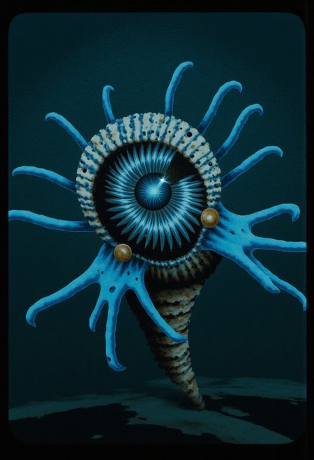 b3rs3rk first person d4concept pov, 3D01S, simple background d4artstyle atmospheric and powerful MikeFranchinastyle dark fantasy, natural organic and first person pov of a berserk style creature A Tsutomu Nihei style 
 deep-sea eel creature with biomechanical aesthetic, translucent ghostly-blue flesh revealing internal structures. Enormous circular maw filled with concentric rings of crystalline teeth, multiple rows deep. Massive lidless eyes with bioluminescent glow, surrounded by broad fin-like sensory organs resembling gothic architecture. Serpentine body with segmented bone-like plating and ethereal membrane fins undulating along length. Vestigial arms ending in sharp bio-mechanical pincers, legs with six webbed claws emerging from scaled hide. Skin texture transitions between translucent blue membrane and armored plates with muddy brown base and intricate patterns of black and tan speckles. 
UHD letterboxed game trailer frame chromatic aberration dark atmosphere sharp masterpiece with a focus on the character, elden ring style, dark atmosphere, chromatic aberration