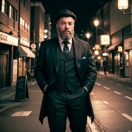 masterpiece, absurdres, high quality, realistic,
1boy, old, beard, European, short hair, standing, looking at viewer, three-piece suit, oxford laced boots, newsboy cap, collar shirt, heavy overcoat,
street alley, street lights, night,
20 megapixel, detailed, movie grain