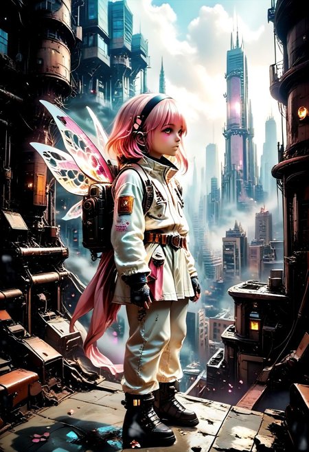 1girl, solo, white hair, hairband, wings, pink eyes, dress, energy wings, building, white dress, multicolored hair, bodysuit, pink hair, night, long hair, outdoors, petals, skyscraper, small breasts, gloves, city, mechanical wings, medium hair, gradient hair, sky, hair between eyes, closed mouth, cityscape, detached wings, fingerless gloves, black gloves, 
score_9,score_8_up,score_7_up, futuristic, technological, alien worlds, space themes, advanced civilizations, 
alien-worlds, colorful, eeriness, fantasy, futuristic, science-fiction, other-worldliness, pop-culture, posters, contemporary, metaphysics, atmospheric, digital, illustration, 
pmg style, MyNewFantasy, Jed-dtl, s1_dram