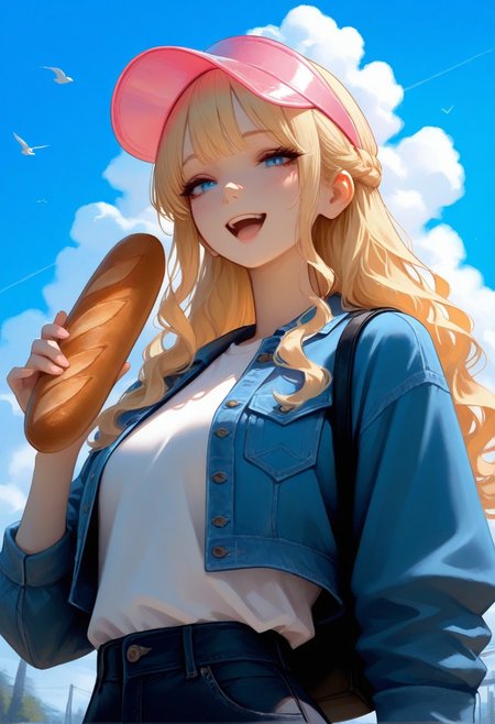 masterpiece, best quality, 1girl, solo, blonde hair, wavy hair, half updo, sidelocks, choppy bangs, blue eyes, smile, open mouth, looking at viewer, hand up, holding bread, baguette, visor cap, pink cap, transparent cap, t-shirt, white shirt, cropped jacket, denim jacket, black backpack, upper body, from below, dutch angle, blue sky, day, cloud, bird, stylized