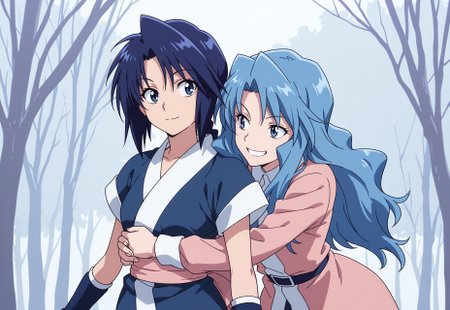 masterpiece, very aesthetic, absurdres, best quality, 2girls, (blue hair), blue eyes, zzKaren hug from behind makimachi_misao, cowboy shot, looking at girl, smile, grin, upper body, 