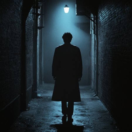 Horror-themed,  <lora:Fright Night 1985 style v2:0.9>
In the 1980's a man from behind standing in a dark alley with a light on,solo,1boy,standing,monochrome,male focus,from behind,coat,shadow,building,scenery,silhouette,light,dark,lamppost , horror themed, dark themed, low key light, dramatic light, dramatic shadow light, contrast, cinematic color, cinematic look, filmic, realistic, realism, perfection, perfect, Kodak, Kodak film, movie still, Fright Night 1985 style, Fright Night Film style, Eerie, unsettling, dark, spooky, suspenseful, grim, highly detailed