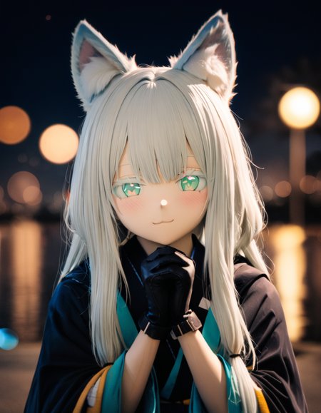 1girl, 
rosmontis \(arknights\),  
solo, green eyes, flat chest, animal ears, cat ears, white hair, kimono, evening, night sky, (blurry:1.1), (bokeh:1.1), film grain, animal ear fluff, colored eyelashes, depth of field, black gloves, gloves, blurry background, black kimono, japanese clothes, own hands together, blush, cat girl, :3, sky, portrait, hair between eyes, eyelashes, half-closed eyes, looking at viewer, long hair, light smile, outdoors, night, sidelocks, straight-on, 
masterpiece, best quality,  safe
 <lora:kig_xl_v1-000021:0.8>