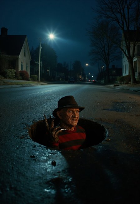 (Top realism), (Best quality), Hyper detailed photography, perfectly focused, maximum sharpness, captures the maximum realism of a sewer on a sinister road, with houses on the sides, (half the body of "Freddy Krueger" of Elm Street protrudes from the sewer), intricate details in his terrifying face and his glove of large knives, nightmare atmosphere on a perfectly lit night, cinematic style,  UHD 8k.
