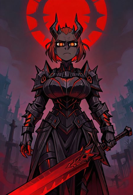 vanripper , (masterpiece, best quality, highly detailed) (Masterpiece:1.4), (best quality:1.2),1girl, Dremora, demon,colored skin, Black armor with bright red details, bright red lines, dark gray skin, armor, huge breasts, saggy breasts, holding a daedric greatsword with btoh hands