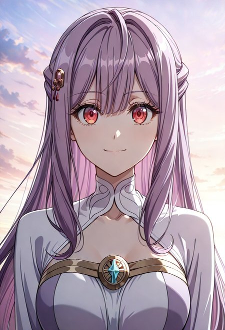 score_9, score_8_up, score_7_up, dynamic view, looking_at_viewer, 1girl, 
masterpiece, best quality, bokeh, luminescent background,
(  mia adenauer,,
   purple hair, long hair,  hair between eyes, bangs, hair ornameny, hair flower,  red eyes, medium brests, 
, dress, two-tone dress, purple dress, white dress, sidelocks, long sleeves, white shoes,, )
portrait, happy