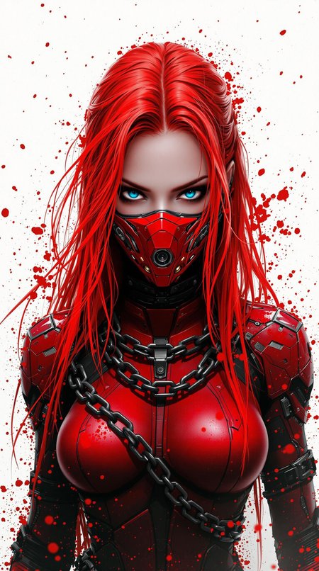 A captivating digital artwork portrays a fierce female protagonist embodying a cyberpunk aesthetic. Her long, vibrant red hair cascades down her back, contrasting with her striking blue eyes. Clad in a form-fitting red suit or armor, she dons a captivating red mask that partially conceals her face, revealing mechanical or robotic components reminiscent of advanced technology. With a heavy chain adorning her neck, she exudes an edgy, dystopian vibe. Amidst the predominantly white backdrop, splashes of red echo her signature hues, hinting at a dynamic and potentially chaotic scene. The intricate, graphic style of the artwork accentuates bold contrasts and vibrant color saturation, immersing viewers into a riveting, cinematic atmosphere that transports them to a futuristic or science fiction universe.