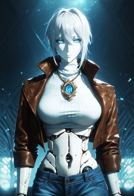 score_9, score_8_up, score_7_up, (unreal engine 5, unreal engine 3d scene), HD, details, high quality, rendered face, source_anime, good_hands. hourglass figure, perfect body,
score_9_up, score_8_up, score_7_up,source_anime, highly detailed, sharp, masterpiece, intricate details, a sexy robot girl,
medium perky tits, perfect body, 
white crop top,large breasts,midriff,denim shorts,small necklace,leather bomber jacket,(cowboy body shot),abstract background,looking at viewer,slight smile,facing viewer,Barcode on pubic, kneeing,
BREAK
soft skin, soft skin, shining glossy skin, soft abs, slim waist, (slender body),
Expressiveh, (volumetric lighting:1.2), cinematic, cinematic lighting, reflections, ultra hd, visual effects, graphic effects, 
ambient occlusion, raytracing, soft lighting, realistic, blum effect, masterpiece, absolutely eye-catching, particles, glow, shining, intricate cinematic background, (beautiful face), 
BREAK
 (score_9, score_8_up, score_7_up), (Masterpiece), (expressive eyes), 1girl, Automaton, colored skin, (white_skin:2.0), (joints:2.0), white hair, blue eyes, glowing blue eyes, <lora:MGE_V5.1:0.5>
BREAK 
score_9, score_8_up, score_7_up, score_6_up, score_5_up, <lora:frengXLP:1> freng, 1girl,
<lora:VEXLP:1>, VE,