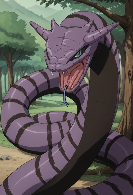 masterpiece, best quality, solo, Naruto_Manda, snake, slit pupils, green eyes, purple body, body markings, black eye markings, 2 pair of horns, black belly scales, open mouth, fangs, forked tongue, blue tongue, hissing, cowboy shot, forrest, dynamic pose, hanging from a tree, curled up, blep,legless,armless