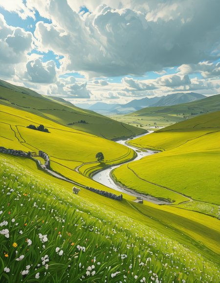 A breathtaking, high-resolution photograph of the rolling plains of Ireland, stretching endlessly under a vast, cloud-streaked sky. The landscape is a lush, vibrant green, with gentle hills covered in soft grass and dotted with scattered wildflowers. Ancient stone walls and winding dirt paths cut through the fields, marking old farmland boundaries. In the distance, a few solitary sheep graze peacefully, their white wool contrasting against the emerald grass. A small, clear river meanders through the valley, reflecting the soft light of the sky. The horizon is framed by low, misty mountains, adding depth and mystery to the scene. Above, the sky is a mix of bright blue and fluffy white clouds, casting dynamic shadows across the landscape as beams of sunlight break through. The atmosphere is serene, timeless, and rich with the natural beauty of the Irish countryside.
<lora:SDXLFaeTastic2400:0.4> <lora:extremely_detailed:0.4> extremely detailed,rolling plains of 1r3l4nd, <lora:rolling_plains_of_1r3l4nd-i:1>, Masterpiece,best quality,hi res,8k,hi res,8k,award winning,(sharp focus, intricate, highly detailed),