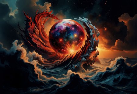 A fractalex digital painting in a compelling use of (snellâs law) how light travels through the lenses of spheres creating a gateway to other dimensions through a spectrum of fractal separation into multidimensional gateways with views of exploding star, before entering a newdimension. precise fractal design, flowing curves, precision, colorful fractal geometry, harmonic interference, dismrt style, realism, detailed digital illustration, photo manipulation, altered realities, digital artistry, striking visuals, chiroscuro lighting, masterpiece, best quality, highres, high detail, sharp focus, detailed background, light reflection, photo-realistic,  <lora:P-Mystic-Fusion_v10:0.8375000000000001> <lora:flux.1_lora_surreal-tones_v1:0> <lora:RealisticDigitalPainting-flux:0.6> <lora:skin_texture_style_v5-flux:0.8> <lora:fractalex:0.5441650390625> <lora:-_Flux1_-_vanta_black_V2.0:1>
