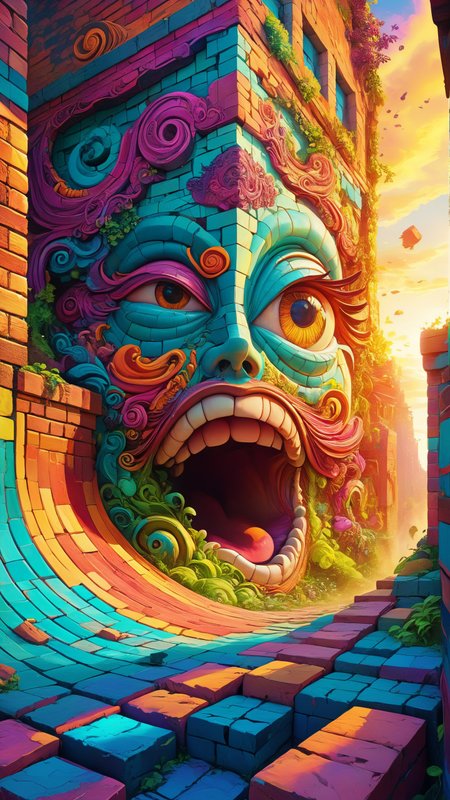 psychedelic version of, "Another brick in the wall.", stylized, at Sunrise, vibrant color, distorted visuals, swirling patterns, trippy, detailed, intricate, ornate