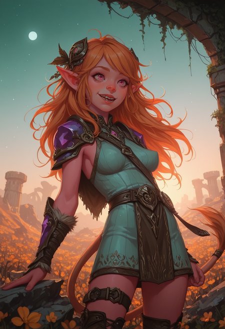 masterwork, masterpiece, best quality, realistic, ambient occlusion, ray tracing, depth of field, (((dynamic angle))), ((cowboy shot)) BREAK 1girl, <lora:DnD_Troll:0.5> troll, huge, long arms, <lora:Firbolg:0.6> firbolg, furry, big nose, large pointed ears, (sharp teeth), (tusks), lion tail, amber hair, soft bangs hair with hair ornament, pink eyes, (deep orange skin), muscular body, perky breasts, perfect hands, colored lips, (happy), BREAK fighter, wearing sleeveless vintage print fur-trimmed pale teal leather pelt, classical cropped fur-trimmed (detailed <lora:SoulGemmed:0.7> rp_slgd purple crystal armor tabard), Chelsea collar, pauldrons, flowing sleeves, pastel grey_blue accents, waistcoat, armored miniskirt, tasset, black ribbed over-kneehighs, thigh straps, gladiator sandals, BREAK fantasy, outside, <lora:PAseer-SDXL-FarOfTheSun:0.5> (vibrant sky), detailed landscape, tranquil ruins, rocky desert, mushrooms,trees,flowers, standing, waist-up portrait, leaning back, sway back, autumn, dusk, warm light, soft light, long shadows, moon, stars, <lora:reij-va:0.5> reoj-va, red vibrant grading, <lora:reij-ca:0.6> reij-ca, yellow neon grading, orange accent, broad lighting BREAK <lora:vivid_everclear:0.6> <lora:Echodove-ILLU:0.6> <lora:sh0uj0XLP:0.6> sh0uj0, <lora:4rc4n3XLP:0.6> 4rc4n3
