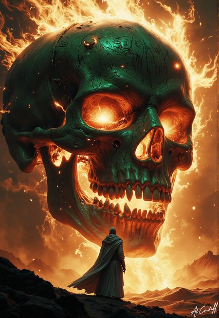 Bathed in the ghostly amber glow of an unseen horizon, a lone figure in a billowing white cloak stands before the colossal skull of a forgotten deityâits hollow sockets pulsating with eerie emerald light, casting jagged shadows across the dunes. The silver-haired stranger bows in silent reverence, their clasped hands trembling slightly as golden runes slither across the ancient bone like living scripture. A thick, spectral mist coils around their boots, rising as if exhaled by the skull itself, while a faint golden radiance spills from its jagged mawâperhaps an answer, a warning, or the last breath of a dead god. The air hums with the weight of unanswered prayers, fg<lora:CustomFlux/MysticFantasy.safetensors:0.25000000000000006:0.25000000000000006> <lora:CustomFlux/MysticRealism.safetensors:0.7500000000000001:0.7500000000000001> <lora:Flux/Stylized-Super-Texture.safetensors:0.5000000000000001:0.5000000000000001> <lora:Flux/Epic-Characters_v1.safetensors:0.25000000000000006:0.25000000000000006>