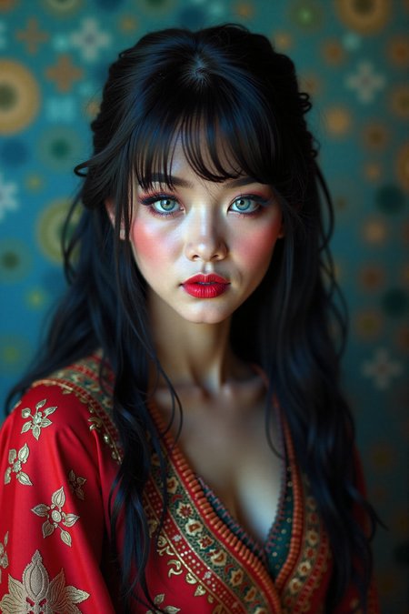 Woman,traditional,colourful,Day Of ******** makeup,black hair,perfect pale blue eyes. (Background is a mystical dream world:1.4),shot at a dynamic angle,