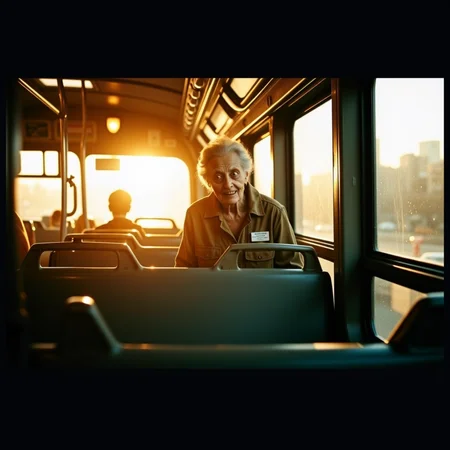 analog film photo Half-body portrait, city bus frozen mid-route, early golden hour: A middle-aged woman zombie stands behind the front bus window, her face lit softly by the sinking sun outside. She wears a faded name tag, a retail uniform, and has a grocery bag still hooked around one hand. Her face is sallow but symmetrical, lips parted just slightly to show worn, greying teeth. Her sclera eyes are milky white and catch the gold glow. Shot with a Pentax 67, 105mm, film: Kodak Ektar 100, sun backlighting the smudged window and using the bus aisle mirrors as reflectors. Dust floats in the air behind her. A child's toy sits abandoned on the next seat. It's intimate and tragicâan echo of routine life turned still.
 <lora:undead denizens v2.2:1> . faded film, desaturated, 35mm photo, grainy, vignette, vintage, Kodachrome, Lomography, stained, highly detailed, found footage