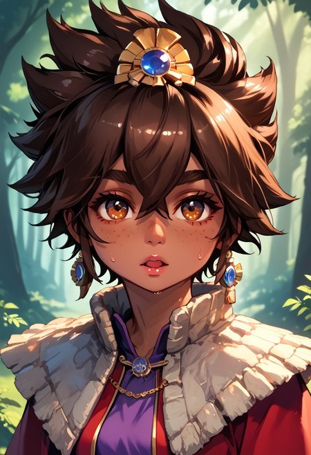 score_9, score_8_up, score_7_up, score_6_up, score_5_up, score_4_up, score_9, score_8_up, score_7_up, detailed, intricate details, chromatic aberration,  veins source_anime, , (best quality) , (highly detailed) ,((masterpiece)), ((best quality)), (ultra-detailed), ((extremely detailed)), (high resolution), 4K, (8K), best quality, (beautiful), (dynamic lighting), (super detailed skin), sharp focus, (1_girl, solo focus),  score_9,score_8_up,score_7_up,anime coloring, big eyes BREAK source_anime,anime, TaliyahLoLXL, dark skin, tanned skin, Dark skin female, dark skined, freckles, brown eyes, brown hair, short hair, sidelocks, hair between eyes, hair ornament, spiked hair, medium breasts, stone capelet, cape, red jacket, purple dress, solo,  front view, (portrait, upper body), solo focus, mouth open, suprised, sweating, bewildered, hands up, looking at viewer, forest, tree <lora:TaliyahLoLXL:0.9>
(Upper body, portrait) , phantom_ix_row_style, masterpiece, best quality, <lora:PhantomIxRowStyle:0.9>, "Closer to artist's style"