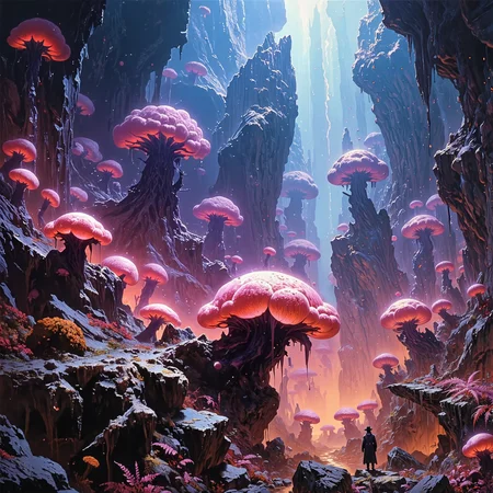captivating and primeval scenery on a distant world, creature focus, movie poster style, very aesthetic, harmonising colors, golden ratio, extremely detailed, 8k, 4k, ultra-high-resolution, award-winning macro photo, short depth of field, hyperrealistic, high-resolution, bioluminescence, subsurface scattering, the tiny swarming creatures called "shiny loggrumbolds" are tiny, glimmering creatures that form slormspiggled, fractal formations in the nutrient-rich dribdoddeling caverns on planet "dead man's treasure." they communicate by emitting pulsing light via thoggled, bioluminescent patterns on their lumirippling backs. these creatures form immense swarms of thousands of individuals, often moving as if they had a single mind as they feed on blibbering micro-spores released by the towering spongy vloomactites. the foggy caverns they live in contain an ever-shifting mass of dense, glowing vapor punctuated by jagged mineral formations, creating a tingspurdled and hauntingly beautiful, constantly morphing habitat, four-legged, four legs, burgundy and navy blue and midnight purple and light beige and sunset orange, ovg, style of rembrandt, <lora:style-oil_painting-flux-by_leporello:0.6> <lora:style-rembrandt-flux-by_tangbohu:0.6> <lora:style-fantastic_landscapes-flux-by_artifyai:0.4>