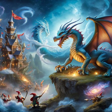 Fujifilm quality photograph (best quality)++, (masterpiece)++, (detailed)+, elf on the shelf fighting a Dragon, (fantasy illustration)1.3, enchanting Dragon battle elf on the shelf, mystical battle, (many gnomes battling)1.4 (whimsical charm).4 Otherworldly charm, mystical sky, (Luis Royo)1.2, (Yoshitaka Amano)1.1, moonlit night, soft colors, (detailed cloudscape)1.3, (high-resolution)1.2 (gnomes  battling everywhere)1.2 , <lora:DonM3t3rn1tyXL-v1.1:0.3> DonM3t3rn1tyXL <lora:DonMD1g174l4sc3nc10nXL:0.3> DonMD1g174l4sc3nc10nXL  <lora:Dragons:0.8> dragon  <lora:EnvyMagicalXL01:0.3> magical <lora:FantasyLandscape:0.8> FanLan