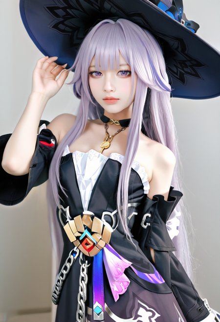 DSLR,(realistic,photorealistic:1.2),cosplay photo, masterpiece, best quality, very aesthetic, absurdres,(miurahha, bacius, ririko \(fhnngririko\):0.4),<lora:star_rail_all:1> 1girl, bare shoulders, black choker, black dress, black hat, detached sleeves, grey hair, herta (honkai: star rail), herta (unknowable domain) (honkai: star rail), looking at viewer, official alternate costume, purple eyes, solo, strapless dress, upper body, very long hair, white ascot, witch hat <lora:noobReal-V1:0.9>