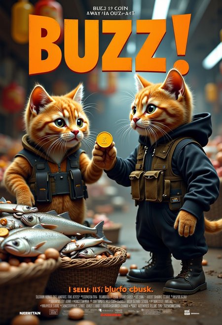 a realistic picture,((((Display the text " please buy my fish for Buzz!!" on top a movie poster))))
Movie poster of 2 orange cats wearing black military tactical pants and military boots and  wearing black hoodie, and tactical gears, the orange cats standing in front fish stall in market, image of a hand offering BUZZ COIN,(  the usual stacks of cash  Instead, the shelves are lined with small, neatly arranged coins, each shaped like a tiny, stylized orange lightning bolt. The coins are labeled as "Buzz." )) to a fishmonger cat, holding fish, 8k, ultra detailed, at the market, <lora:cashbaba:0.6>  <lora:xl_more_art-full_v1:0.5> I  background: traditional fish market ,his two paws are grasping onto a bright yellow buzz coin,that is almost his size as he is trying to drag it off the counter top, logo:1.9 <lora:Harrlogos_v2.0:1.9>, (full body shots),
((((Display the text "i sell fish for buzz!!" on a movie poster))))