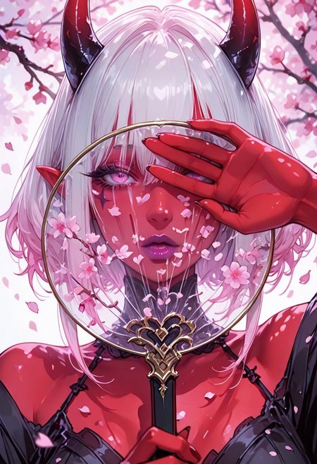 masterpiece, best quality, Good quality, very aesthetic, absurdres, newest,1girl, light rays, looking at viewer, solo, 
Cinematic Lighting, gradient color, gorgeous girl
BREAK
masterpiece, amazing quality, best quality, ultra-detailed, 8K, illustration, CG, ultra-detailed-eyes, detailed background, cute girl, eyelashes, erotic, love, petals falling,
BREAK
(sexy, slutty, hot, aroused), 
Aka-Oni, oni, colored skin, red skin, smooth horns, black horns
BREAK
holding fan, covering face, dynamic pose, looking at viewer, petals falling, translucent fan, cherry blossom,
blurry foreground, branch, (lipstick mark), portrait,