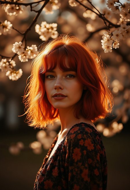 A fashion model with rich red hair and a warm, textured, wavy bob cut, stands in a side view, dressed in a patterned top with a deep neckline and long sleeves. Blossoming branches frame her, set against a blurred background with warm, dramatic lighting. The scene is shot on a Hasselblad X2D 100C with a XCD 30mm f/3.5 lens, capturing the model's charming gaze with gentle smile and the soft, warm tones of the environment. The lighting is soft yet directional, casting gentle shadows and highlighting the model's features, with a subtle film grain adding texture to the image. the scene has a slightly surreal, dreamlike quality, with deep, rich colors and a moody, atmospheric feel. aidmaMJ6.1, Chiaroscuro Lighting Style