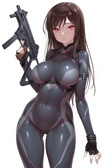 masterpiece, best quality, amazing quality,
 <lora:Body_IL:1> stylebody_lj, 1girl, solo, weapon, long hair, gun, bodysuit, red eyes, breasts, fingerless gloves, gloves, large breasts, looking at viewer, white background, submachine gun, skin tight, holding, simple background