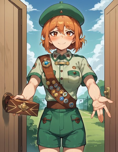 score_9, score_8_up, score_7_up, source_anime, <lora:mother-yuigahama-s2s3-ponyxl-lora-nochekaiser:1>, yuigahamama, hair bun, mature female, orange eyes, orange hair, short hair, single hair bun, hair between eyes, sidelocks, large breasts, <lora:girl-scout-uniform-ponyxl-lora-nochekaiser:1> girl scout uniform, badge, beret, breast pocket, girl scout, green hat, hat, short sleeves, shirt, green shirt, shoulder sash, medal, button badge, uniform, shorts, green shorts, short shorts, kneehighs,, smile, blush, looking at viewer, blue sky, clouds, entrance, doorway, <lora:incoming-gift-ponyxl-lora-nochekaiser:1>, incoming gift, outstretched arms, holding, holding box, box, cardboard box,, cowboy shot,